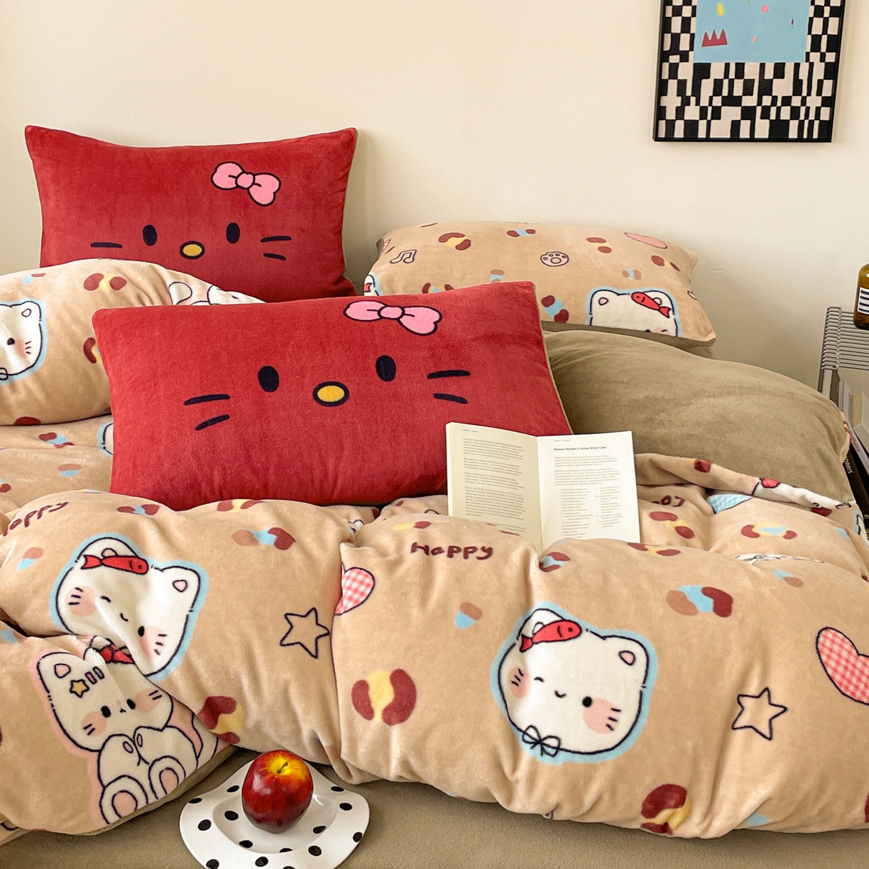 91家纺网 家纺一手货源 找家纺 摩妮卡 2025新款牛奶绒枕套混搭卡通复古床盖四件套 豹纹小猫