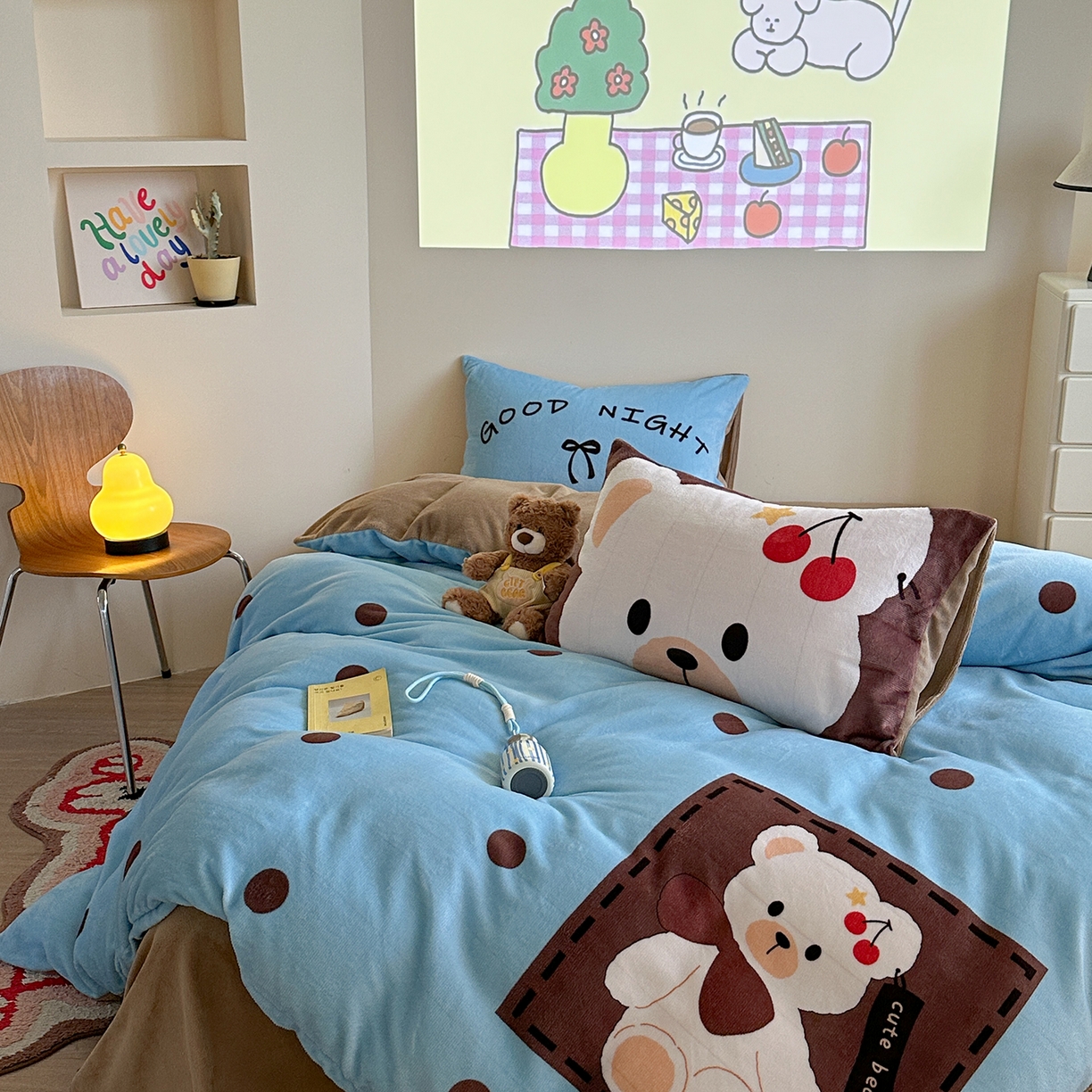 91家纺网 家纺一手货源 找家纺 美乐迪家纺 2025新款高品质大版牛奶绒四件套 波点小熊