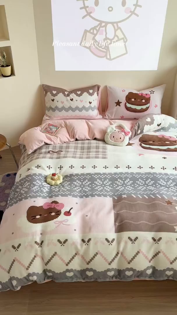 91家纺网 家纺一手货源 找家纺 美乐迪家纺 2025新款高品质大版牛奶绒四件套 费尔岛猫猫