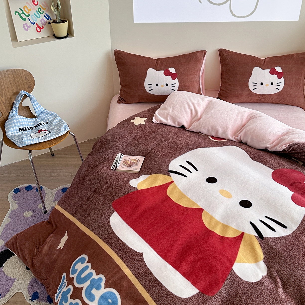 91家纺网 家纺一手货源 找家纺 美乐迪家纺 2025新款高品质大版牛奶绒四件套 大脸猫