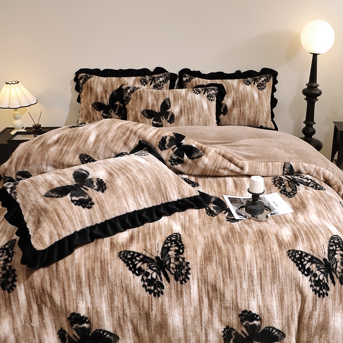 91家纺网 家纺一手货源 找家纺 （总）席之家 2025新款韩版黑色花边美拉德系加厚皮草兔毛绒四件套