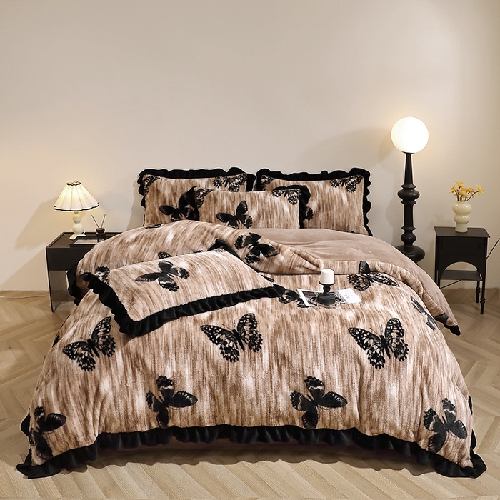 91家纺网 家纺一手货源 找家纺 （总）席之家 2025新款韩版黑色花边美拉德系加厚皮草兔毛绒四件套