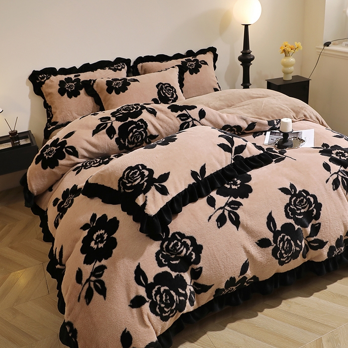 席之家 2025新款韩版黑色花边美拉德系加厚皮草兔毛绒四件套 花笺