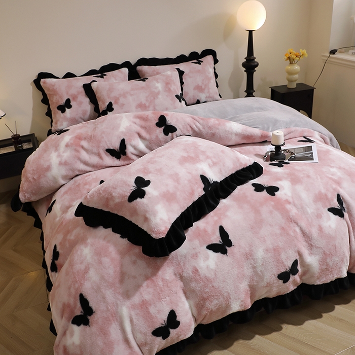 席之家 2025新款韩版黑色花边美拉德系加厚皮草兔毛绒四件套 粉黛