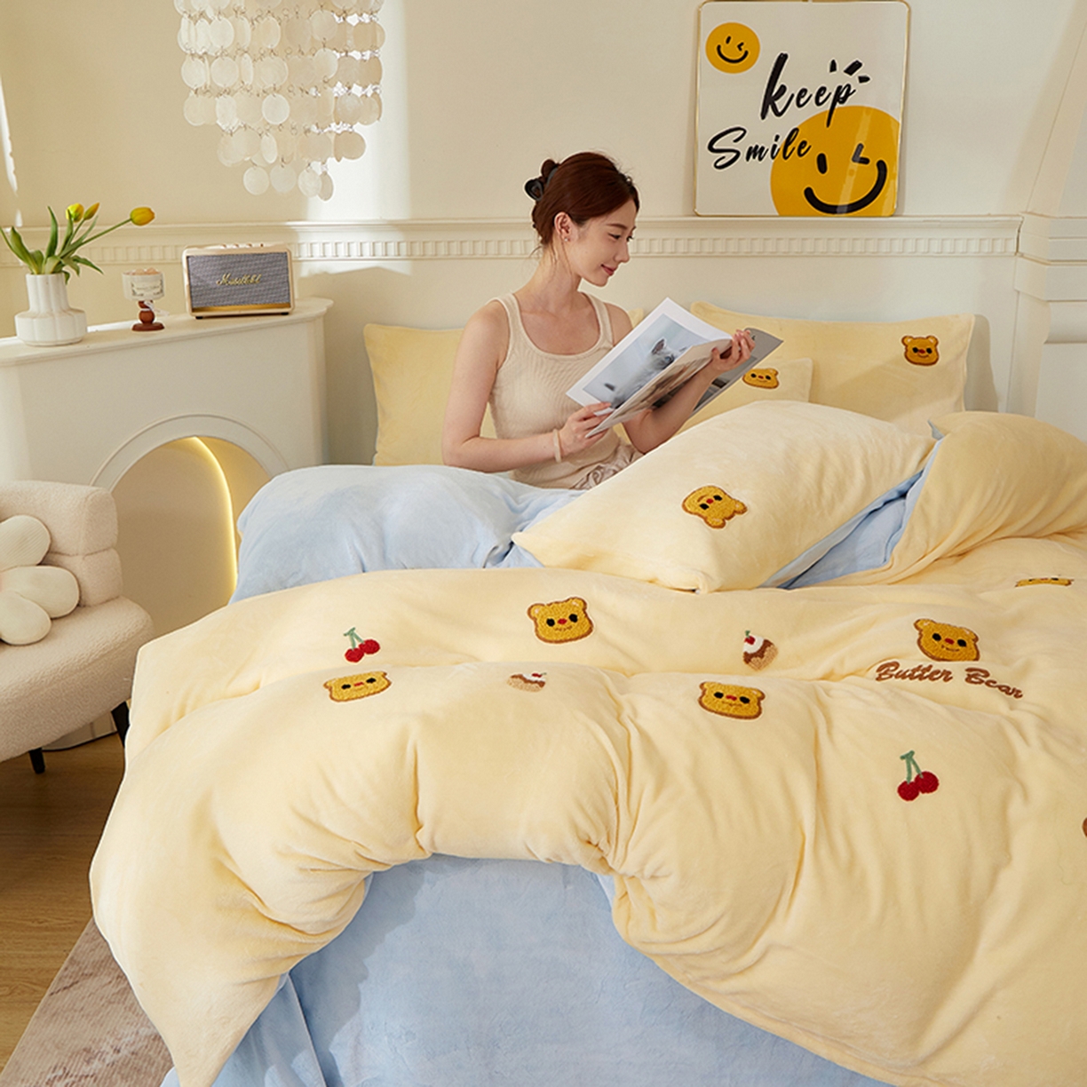 91家纺网 家纺一手货源 找家纺 楼兰公主毛毯专供 2025新款高克重230g牛奶绒数码印花毛巾绣卡通四件套 奶油熊