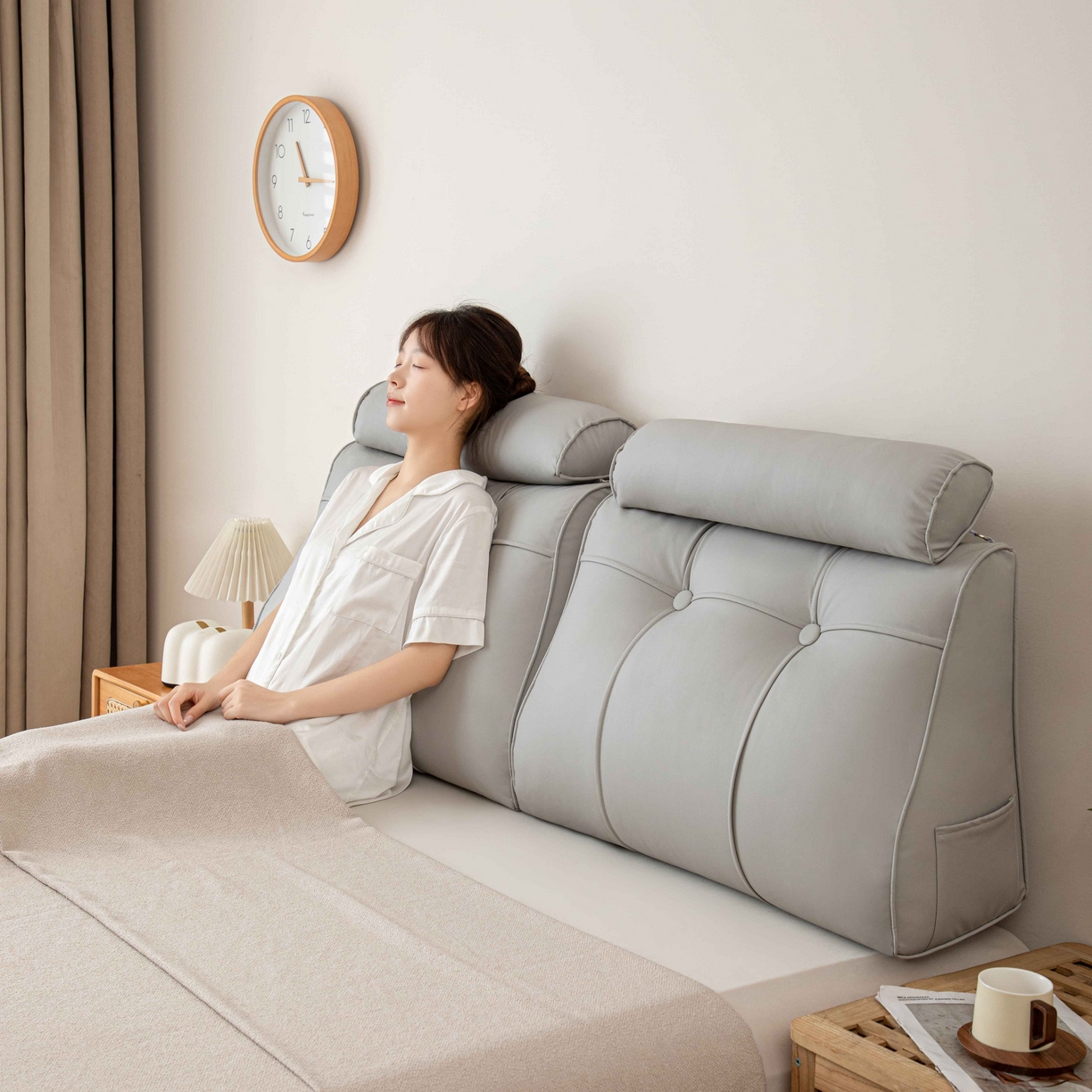 91家纺网 家纺一手货源 找家纺 沐沐家纺 2026新款简约科技布立体靠枕带头枕 浅灰