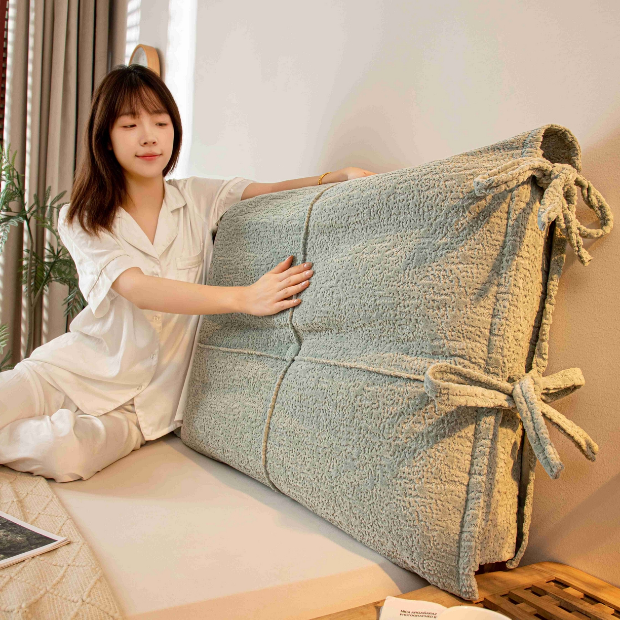 91家纺网 家纺一手货源 找家纺 沐沐家纺 2026新款简约可可西里床头靠背 水绿