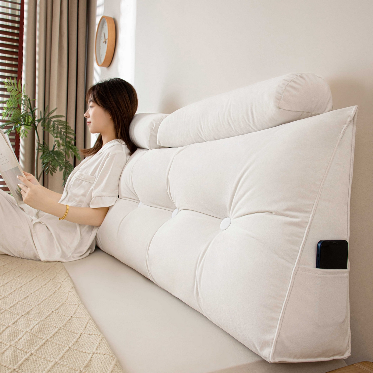 91家纺网 家纺一手货源 找家纺 沐沐家纺 2026新款磨砂绒三角靠背（带头枕） 白色