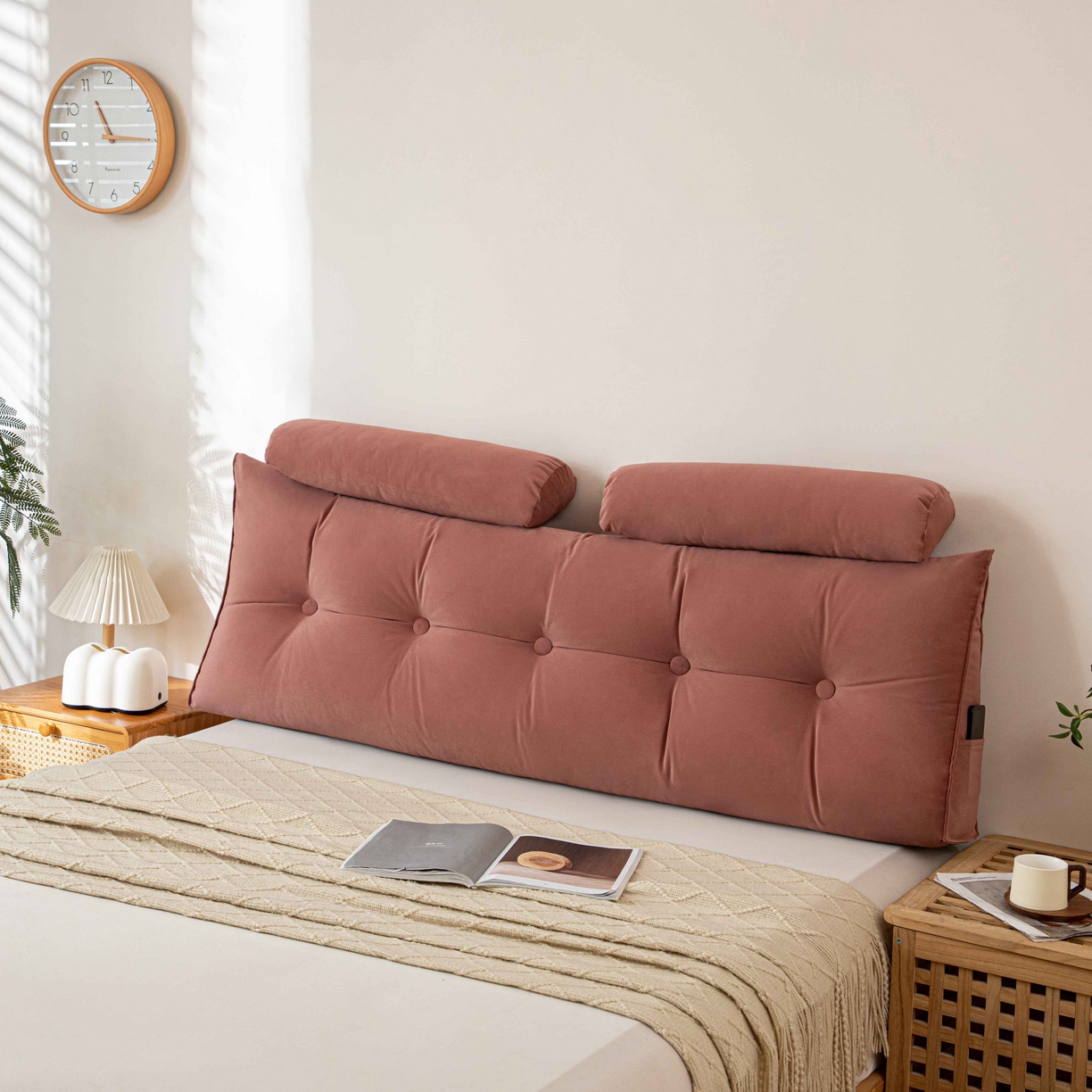 91家纺网 家纺一手货源 找家纺 沐沐家纺 2026新款磨砂绒三角靠背（带头枕） 粉色