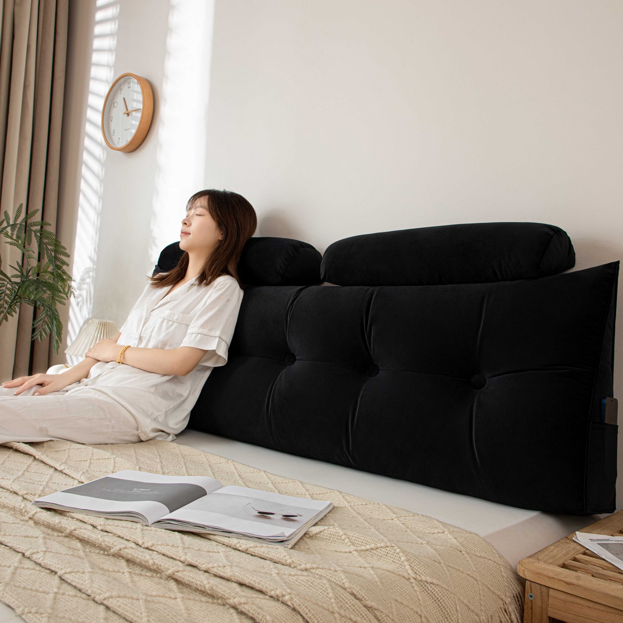 91家纺网 家纺一手货源 找家纺 沐沐家纺 2026新款磨砂绒三角靠背（带头枕） 黑色