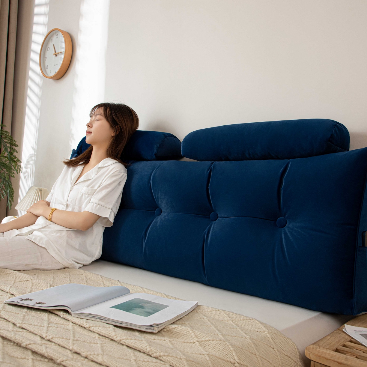 91家纺网 家纺一手货源 找家纺 沐沐家纺 2026新款磨砂绒三角靠背（带头枕） 蓝色