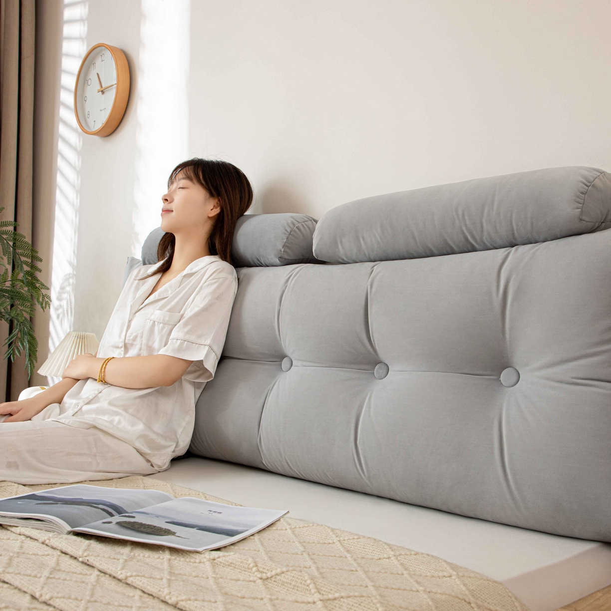 91家纺网 家纺一手货源 找家纺 沐沐家纺 2026新款磨砂绒三角靠背（带头枕） 浅灰