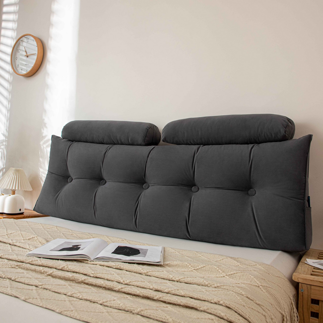 91家纺网 家纺一手货源 找家纺 沐沐家纺 2026新款磨砂绒三角靠背（带头枕） 深灰