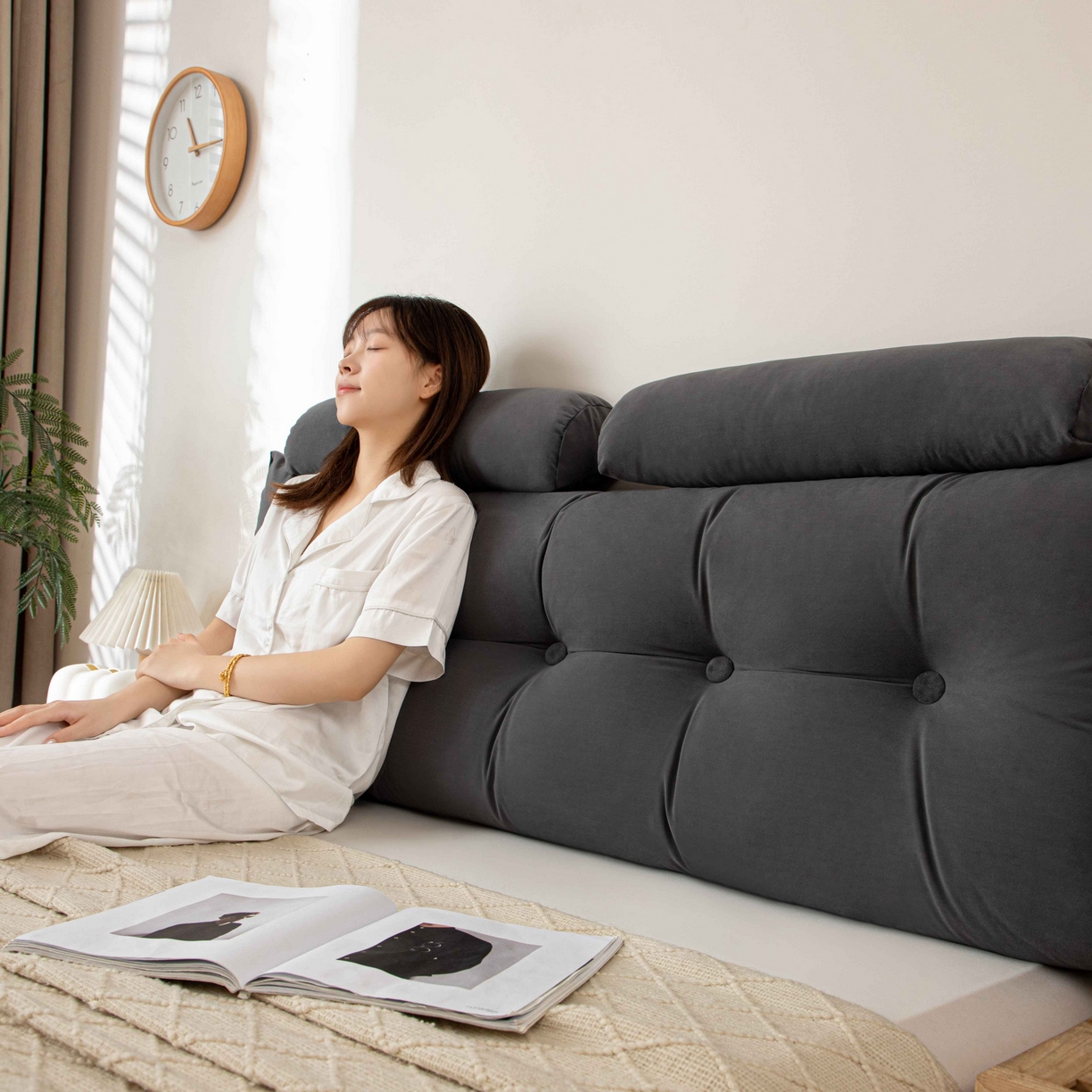 91家纺网 家纺一手货源 找家纺 沐沐家纺 2026新款磨砂绒三角靠背（带头枕） 深灰