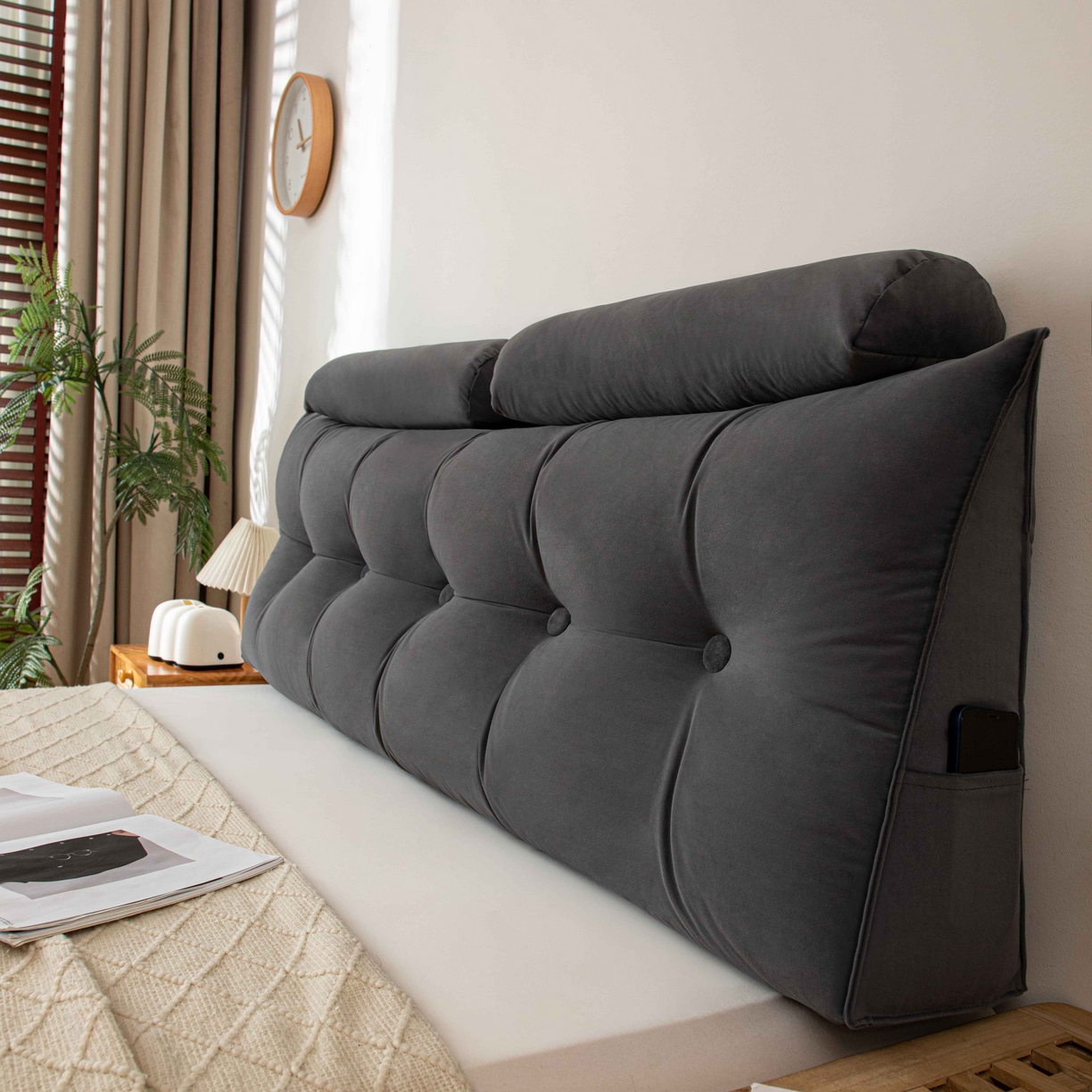 91家纺网 家纺一手货源 找家纺 沐沐家纺 2026新款磨砂绒三角靠背（带头枕） 深灰