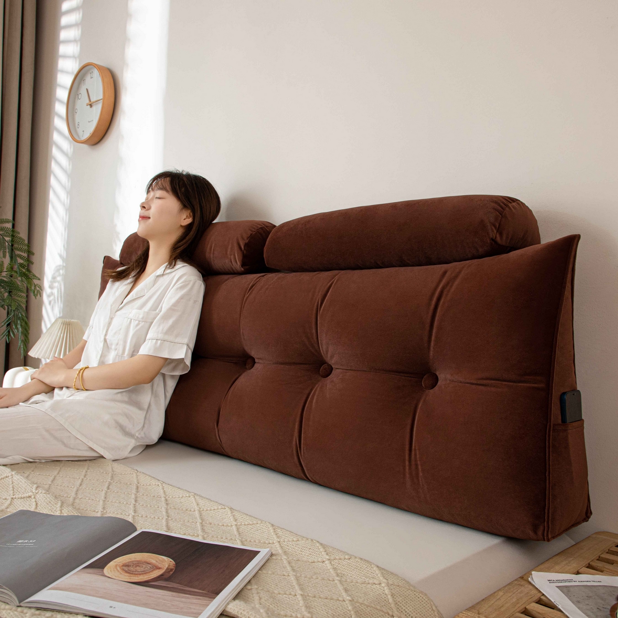 91家纺网 家纺一手货源 找家纺 沐沐家纺 2026新款磨砂绒三角靠背（带头枕） 棕色