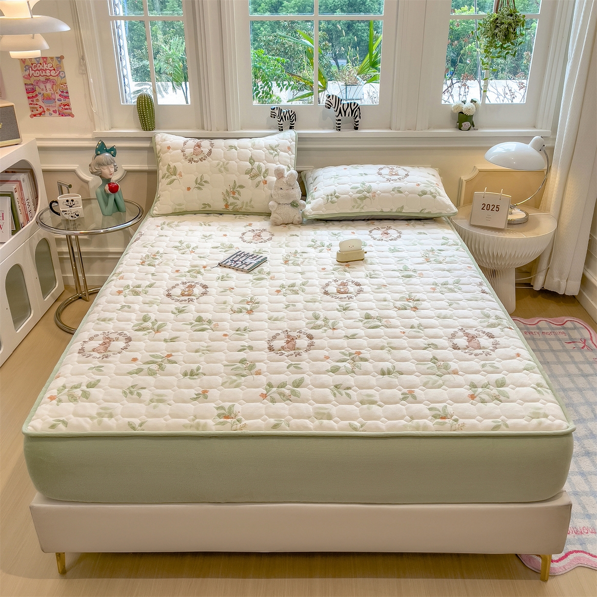 91家纺网 家纺一手货源 找家纺 布卢姆床垫 2025新款A类抗菌印花牛奶绒夹棉床笠 叶畔兔语