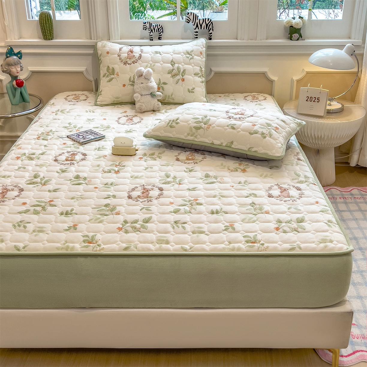 91家纺网 家纺一手货源 找家纺 布卢姆床垫 2025新款A类抗菌印花牛奶绒夹棉床笠 叶畔兔语