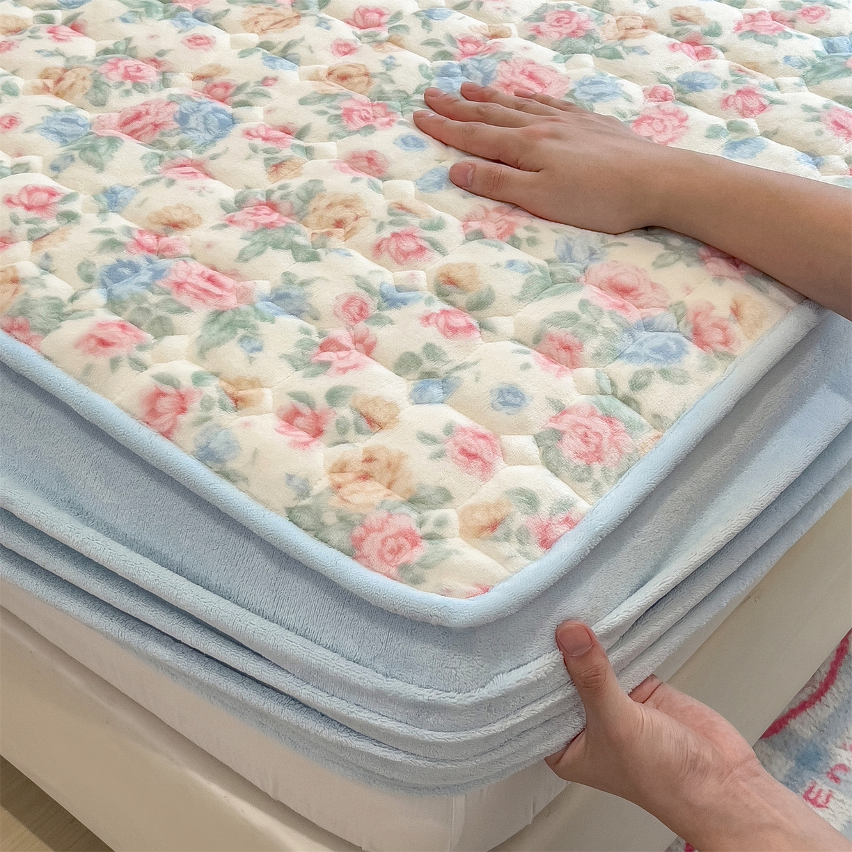 91家纺网 家纺一手货源 找家纺 布卢姆床垫 2025新款A类抗菌印花牛奶绒夹棉床笠 花在云端