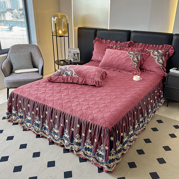 91家纺网 家纺一手货源 找家纺 罗艺轩 2025新款牛奶绒浪漫花边床裙款三件套-暖洋洋 暖洋洋-豆沙