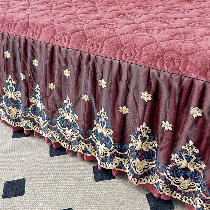 91家纺网 家纺一手货源 找家纺 罗艺轩 2025新款牛奶绒浪漫花边床裙款三件套-暖洋洋 暖洋洋-豆沙