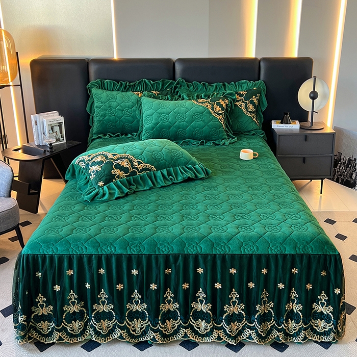 罗艺轩 2025新款牛奶绒浪漫花边床裙款三件套-暖洋洋 暖洋洋-绿