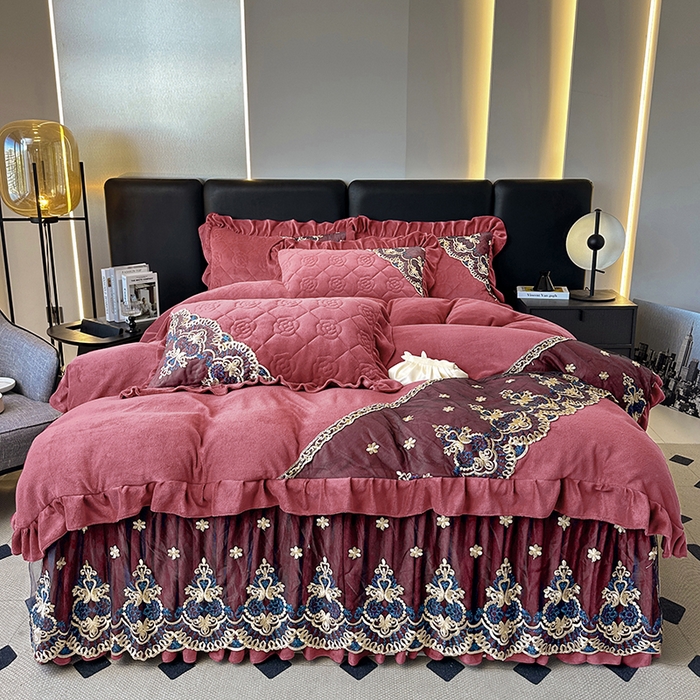 91家纺网 家纺一手货源 找家纺 罗艺轩 2025新款牛奶绒浪漫花边床裙款四件套-暖洋洋（报活动和优惠券后控价99起/控价107起） 暖洋洋-豆沙