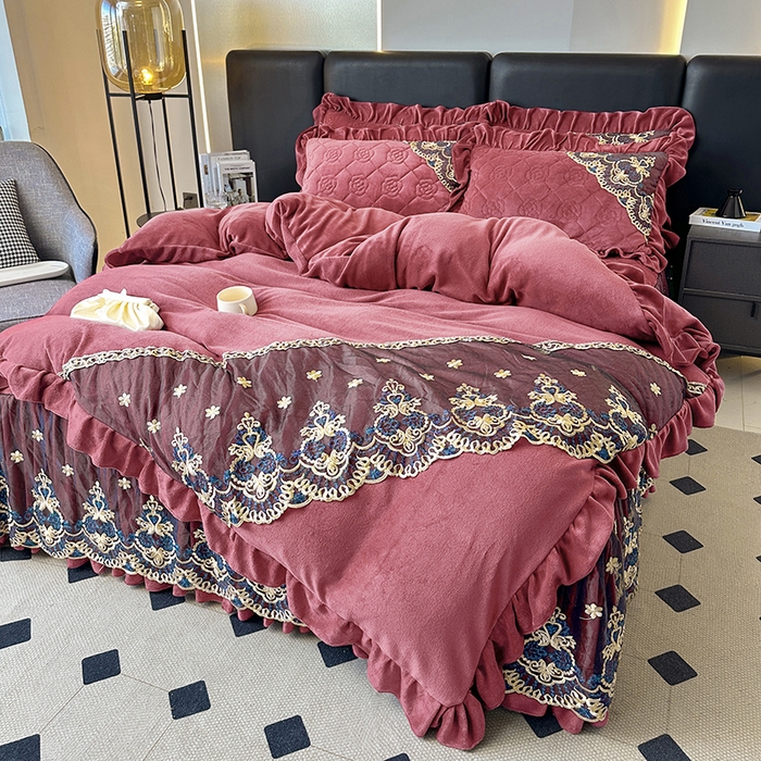 91家纺网 家纺一手货源 找家纺 罗艺轩 2025新款牛奶绒浪漫花边床裙款四件套-暖洋洋（报活动和优惠券后控价99起/控价107起） 暖洋洋-豆沙