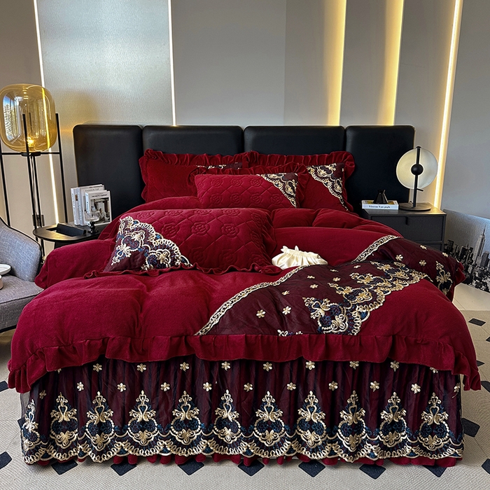 罗艺轩 2025新款牛奶绒浪漫花边床裙款四件套-暖洋洋（报活动和优惠券后控价99起/控价107起） 暖洋洋-酒红