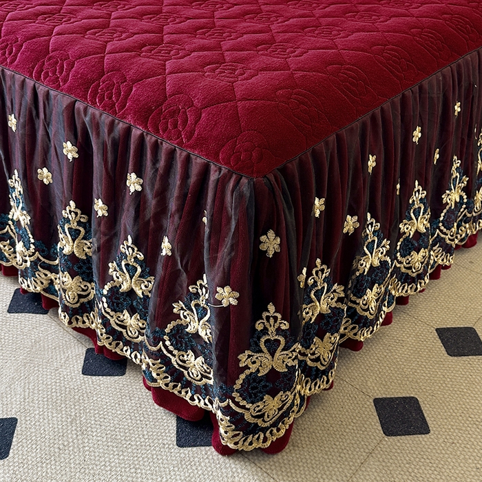 91家纺网 家纺一手货源 找家纺 罗艺轩 2025新款牛奶绒浪漫花边床裙款四件套-暖洋洋（报活动和优惠券后控价99起/控价107起） 暖洋洋-酒红