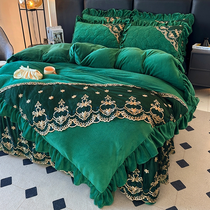 91家纺网 家纺一手货源 找家纺 罗艺轩 2025新款牛奶绒浪漫花边床裙款四件套-暖洋洋（报活动和优惠券后控价99起/控价107起） 暖洋洋-绿