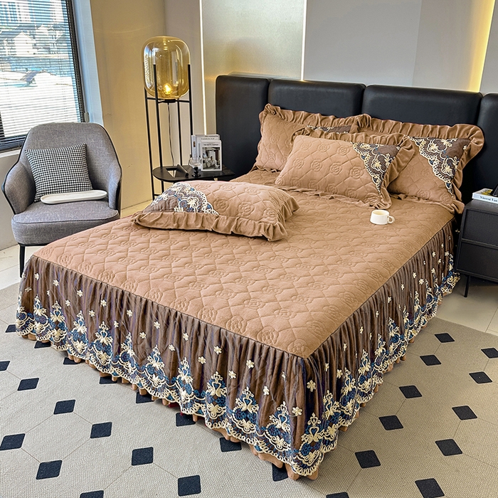 91家纺网 家纺一手货源 找家纺 罗艺轩 2025新款牛奶绒浪漫花边床裙款四件套-暖洋洋（报活动和优惠券后控价99起/控价107起） 暖洋洋-奶咖