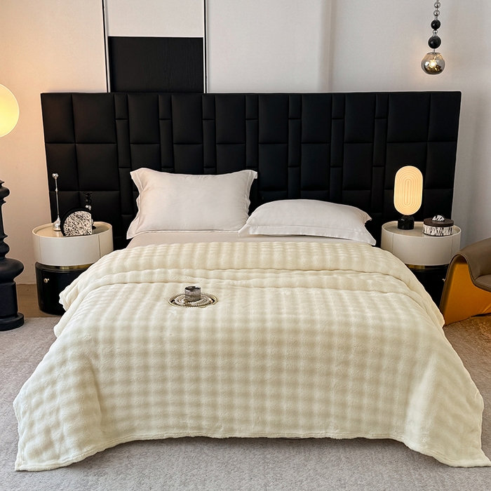 91家纺网 家纺一手货源 找家纺 安琪家纺 2025新款300G炫彩水墨画仿兔毛绒大泡泡绒印花法兰绒毛毯大理石纹休闲毯沙发盖毯跨境外贸出口专供 泡泡纯色-米白