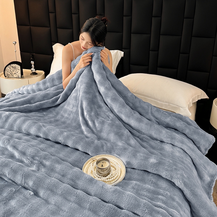 91家纺网 家纺一手货源 找家纺 安琪家纺 2025新款300G炫彩水墨画仿兔毛绒大泡泡绒印花法兰绒毛毯大理石纹休闲毯沙发盖毯跨境外贸出口专供 泡泡纯色-浅灰