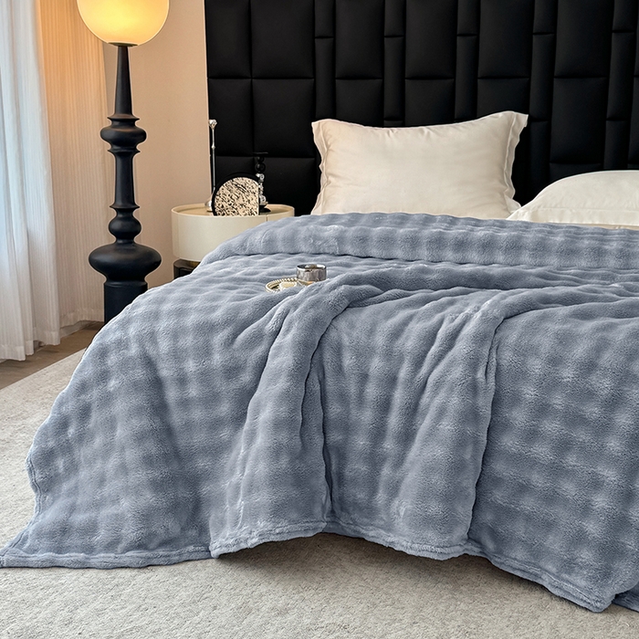 91家纺网 家纺一手货源 找家纺 安琪家纺 2025新款300G炫彩水墨画仿兔毛绒大泡泡绒印花法兰绒毛毯大理石纹休闲毯沙发盖毯跨境外贸出口专供 泡泡纯色-浅灰