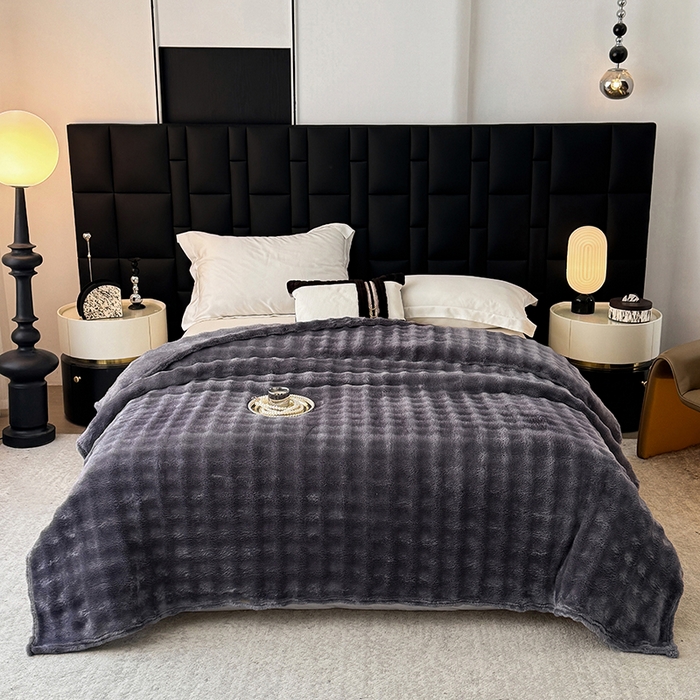 91家纺网 家纺一手货源 找家纺 安琪家纺 2025新款300G炫彩水墨画仿兔毛绒大泡泡绒印花法兰绒毛毯大理石纹休闲毯沙发盖毯跨境外贸出口专供 泡泡纯色-深灰