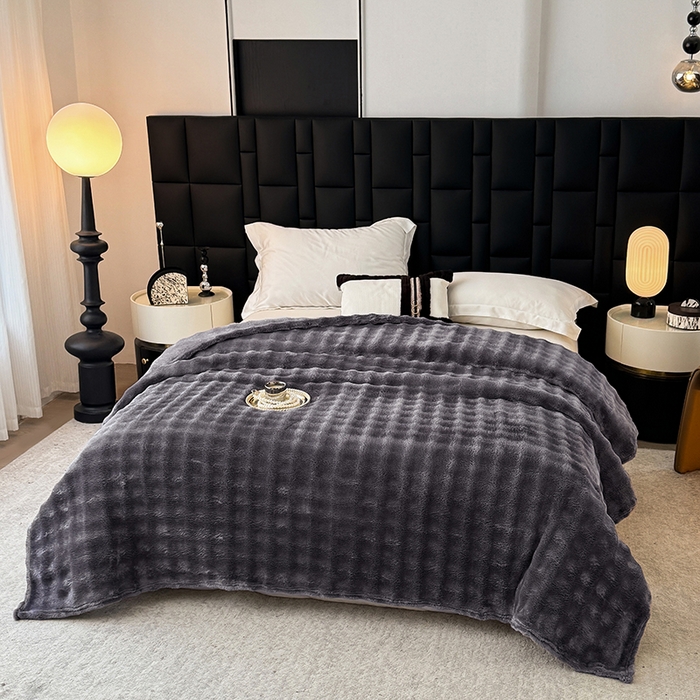 91家纺网 家纺一手货源 找家纺 安琪家纺 2025新款300G炫彩水墨画仿兔毛绒大泡泡绒印花法兰绒毛毯大理石纹休闲毯沙发盖毯跨境外贸出口专供 泡泡纯色-深灰