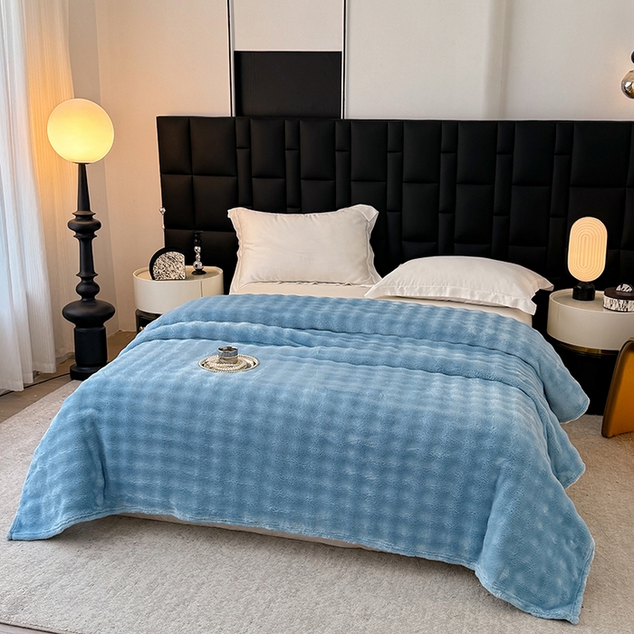 91家纺网 家纺一手货源 找家纺 安琪家纺 2025新款300G炫彩水墨画仿兔毛绒大泡泡绒印花法兰绒毛毯大理石纹休闲毯沙发盖毯跨境外贸出口专供 泡泡纯色-天蓝