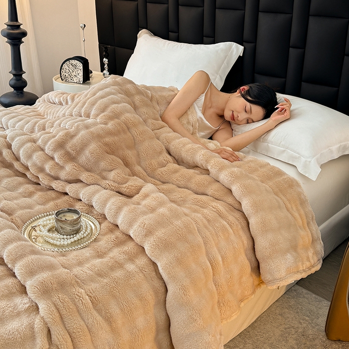 91家纺网 家纺一手货源 找家纺 安琪家纺 2025新款300G炫彩水墨画仿兔毛绒大泡泡绒印花法兰绒毛毯大理石纹休闲毯沙发盖毯跨境外贸出口专供 泡泡纯色-驼色