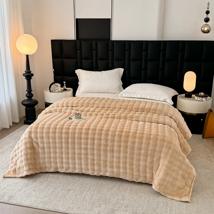 91家纺网 家纺一手货源 找家纺 安琪家纺 2025新款300G炫彩水墨画仿兔毛绒大泡泡绒印花法兰绒毛毯大理石纹休闲毯沙发盖毯跨境外贸出口专供 泡泡纯色-驼色