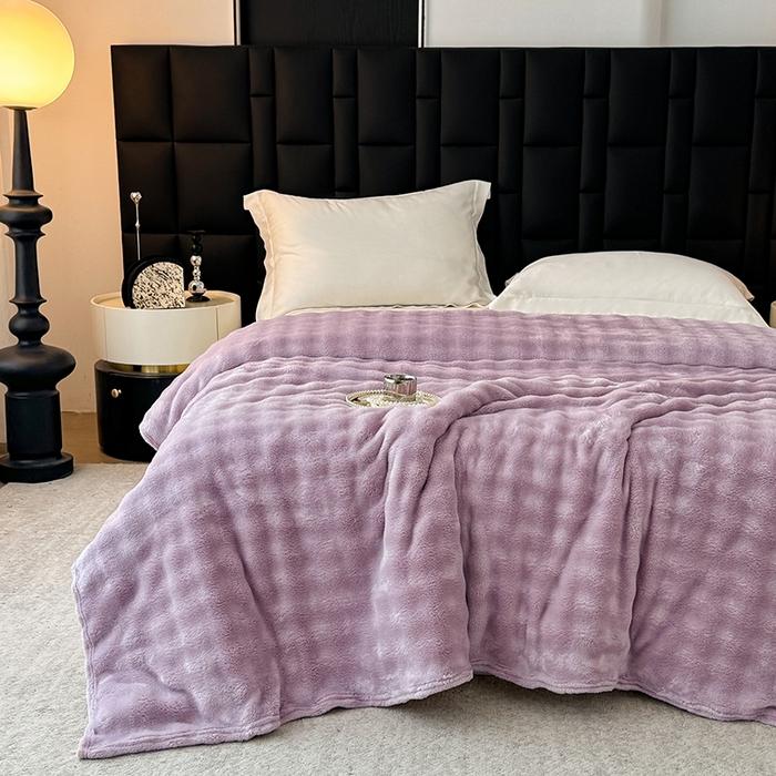 91家纺网 家纺一手货源 找家纺 安琪家纺 2025新款300G炫彩水墨画仿兔毛绒大泡泡绒印花法兰绒毛毯大理石纹休闲毯沙发盖毯跨境外贸出口专供 泡泡纯色-紫色