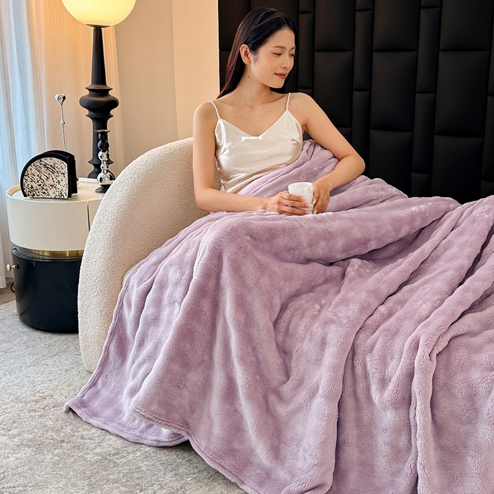 91家纺网 家纺一手货源 找家纺 安琪家纺 2025新款300G炫彩水墨画仿兔毛绒大泡泡绒印花法兰绒毛毯大理石纹休闲毯沙发盖毯跨境外贸出口专供 泡泡纯色-紫色