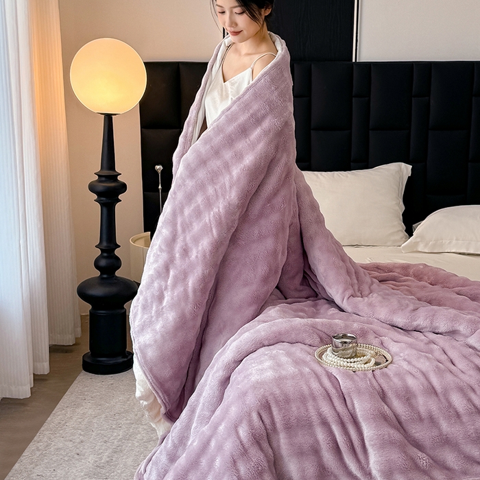 91家纺网 家纺一手货源 找家纺 安琪家纺 2025新款300G炫彩水墨画仿兔毛绒大泡泡绒印花法兰绒毛毯大理石纹休闲毯沙发盖毯跨境外贸出口专供 泡泡纯色-紫色