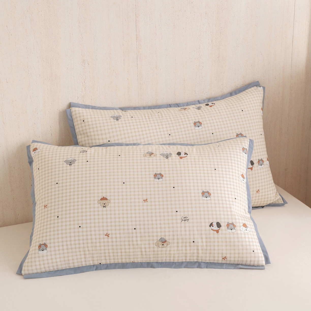 芯奇想 2025新款全棉夹棉全包枕套 全棉夹棉全包枕套-格子狗
