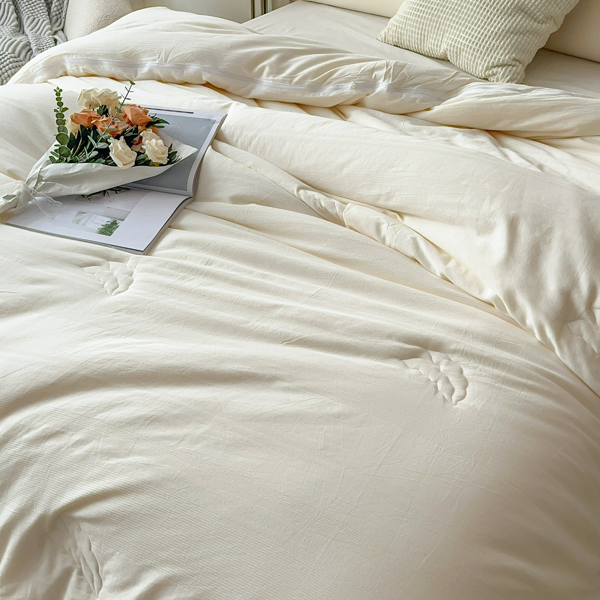 91家纺网 家纺一手货源 找家纺 卡芙芯类馆 2025新款A类全棉提花大豆被春秋被冬被子母被被子被芯 白色-子母被