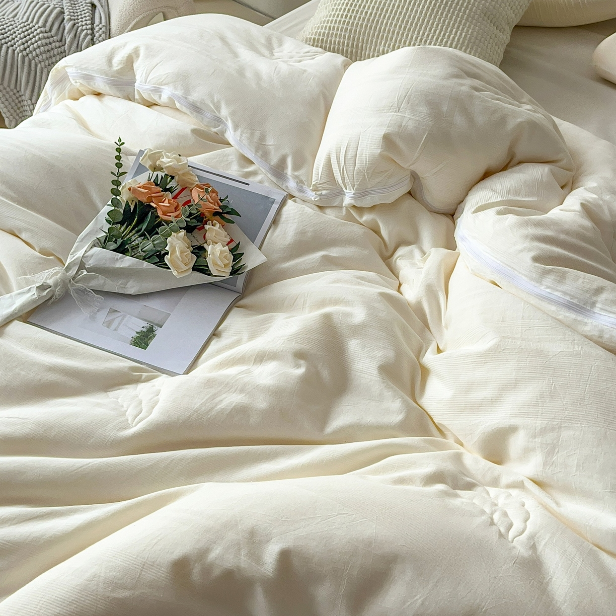 91家纺网 家纺一手货源 找家纺 卡芙芯类馆 2025新款A类全棉提花大豆被春秋被冬被子母被被子被芯 白色-子母被