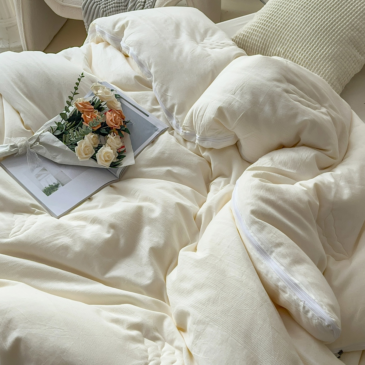 91家纺网 家纺一手货源 找家纺 卡芙芯类馆 2025新款A类全棉提花大豆被春秋被冬被子母被被子被芯 白色-子母被