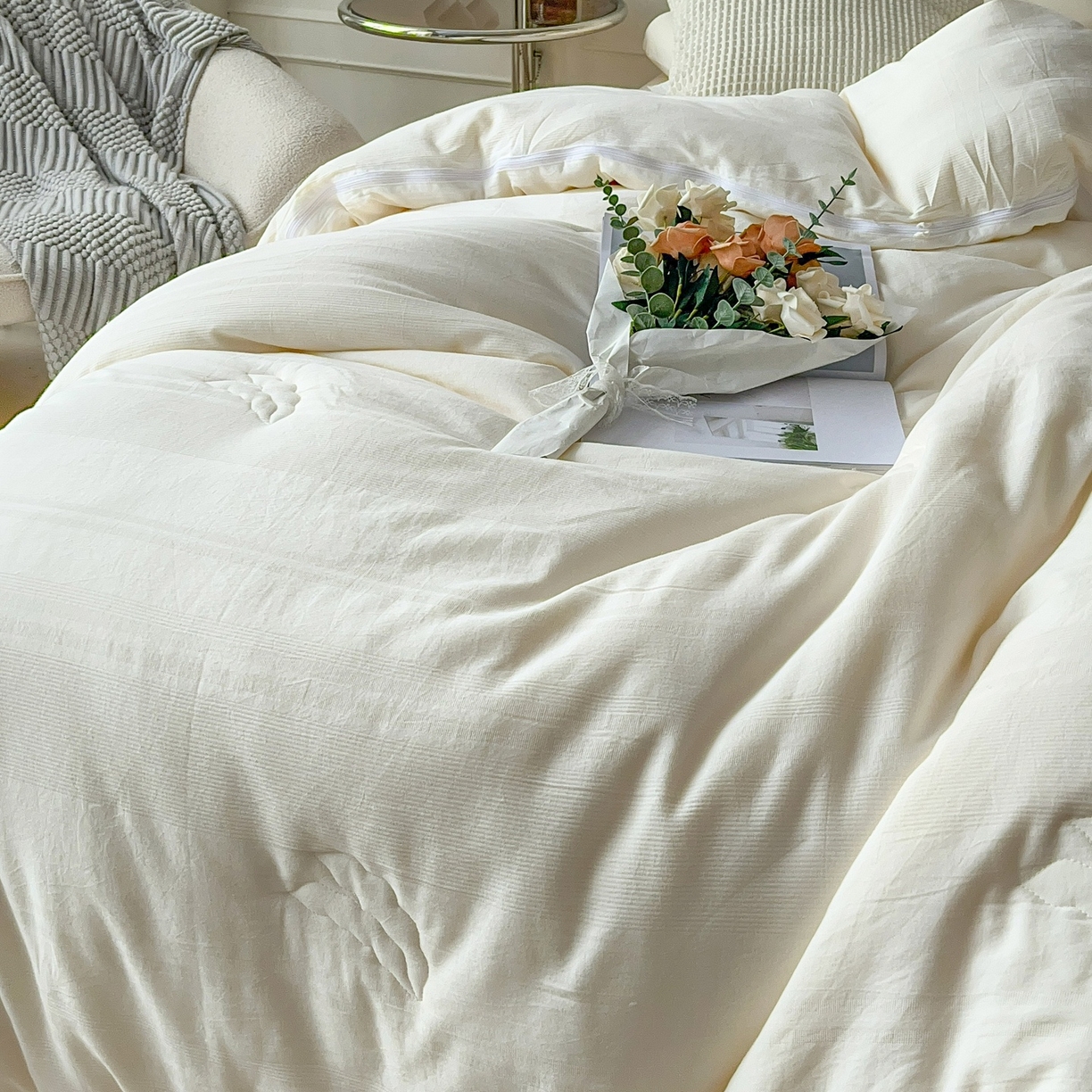 91家纺网 家纺一手货源 找家纺 卡芙芯类馆 2025新款A类全棉提花大豆被春秋被冬被子母被被子被芯 白色-子母被