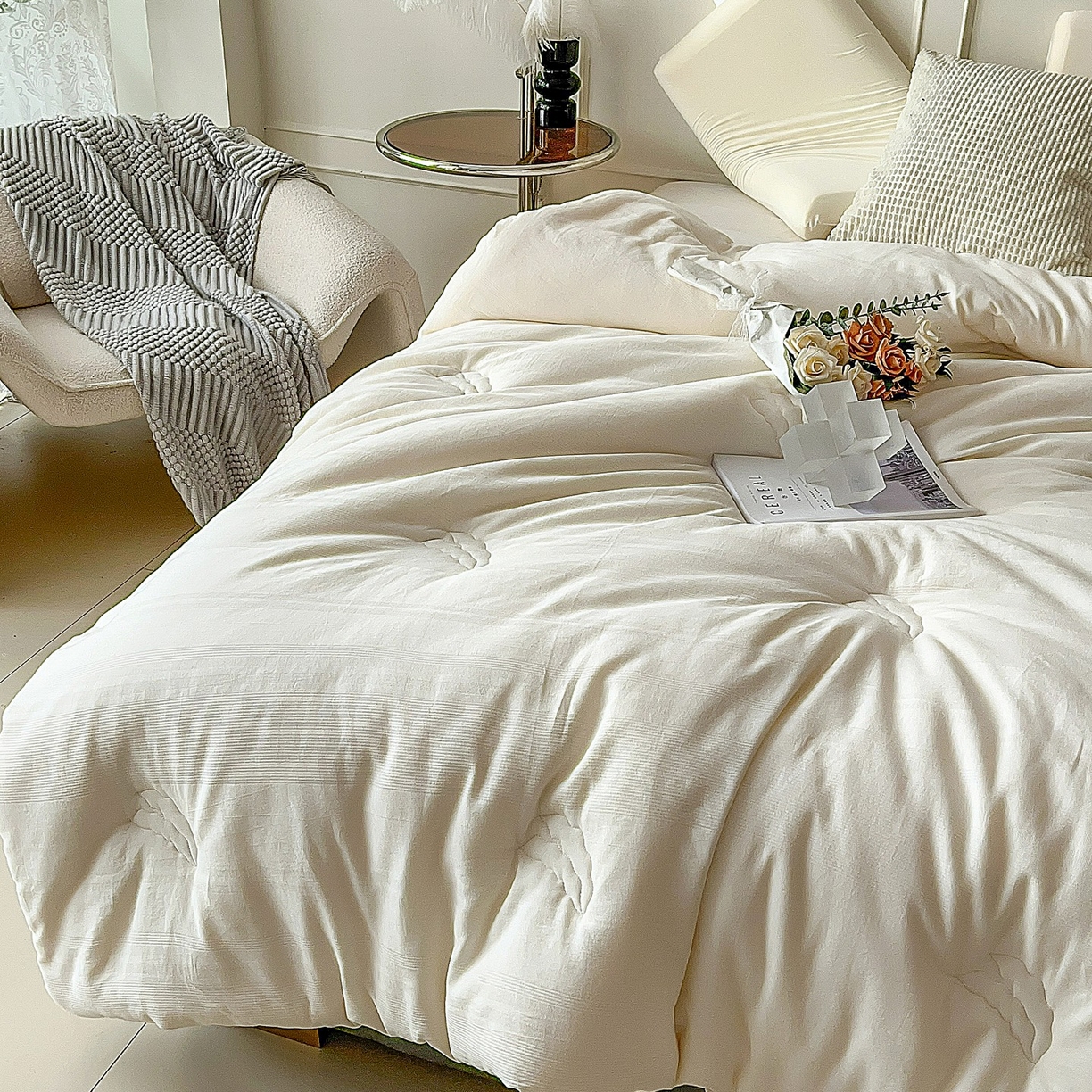 91家纺网 家纺一手货源 找家纺 卡芙芯类馆 2025新款A类全棉提花大豆被春秋被冬被子母被被子被芯 白色-冬被