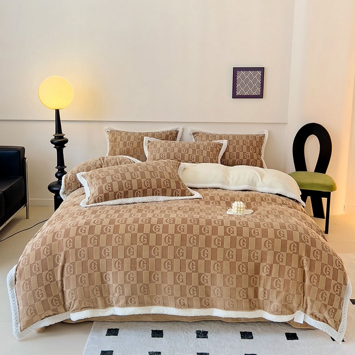 琪格格纺织 2025新款全消光包边立体简约清新雕花绒四件套 包边绒 麦格娅 咖